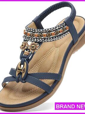 Boho T-Strap Flat Sandals Arch Support Platform Bohemian Summer Beach Shoes